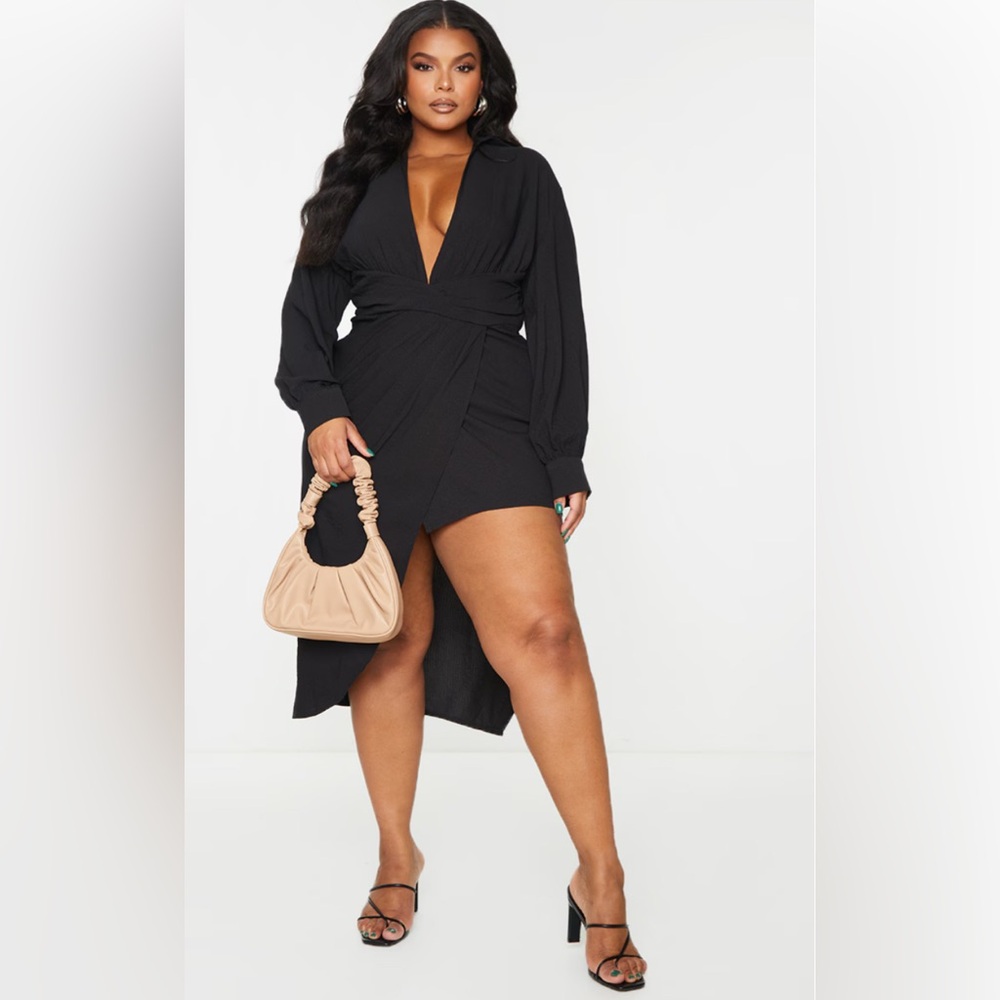 Plus Black Plunge Wrap Textured Dress